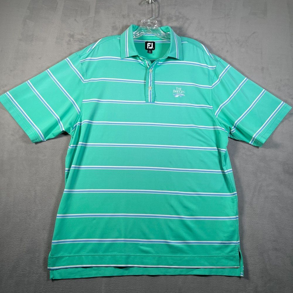 FJ FootJoy Golf Polo Shirt Mens L Green Blue Stripe The Bridges Rancho‎ Sante Fe